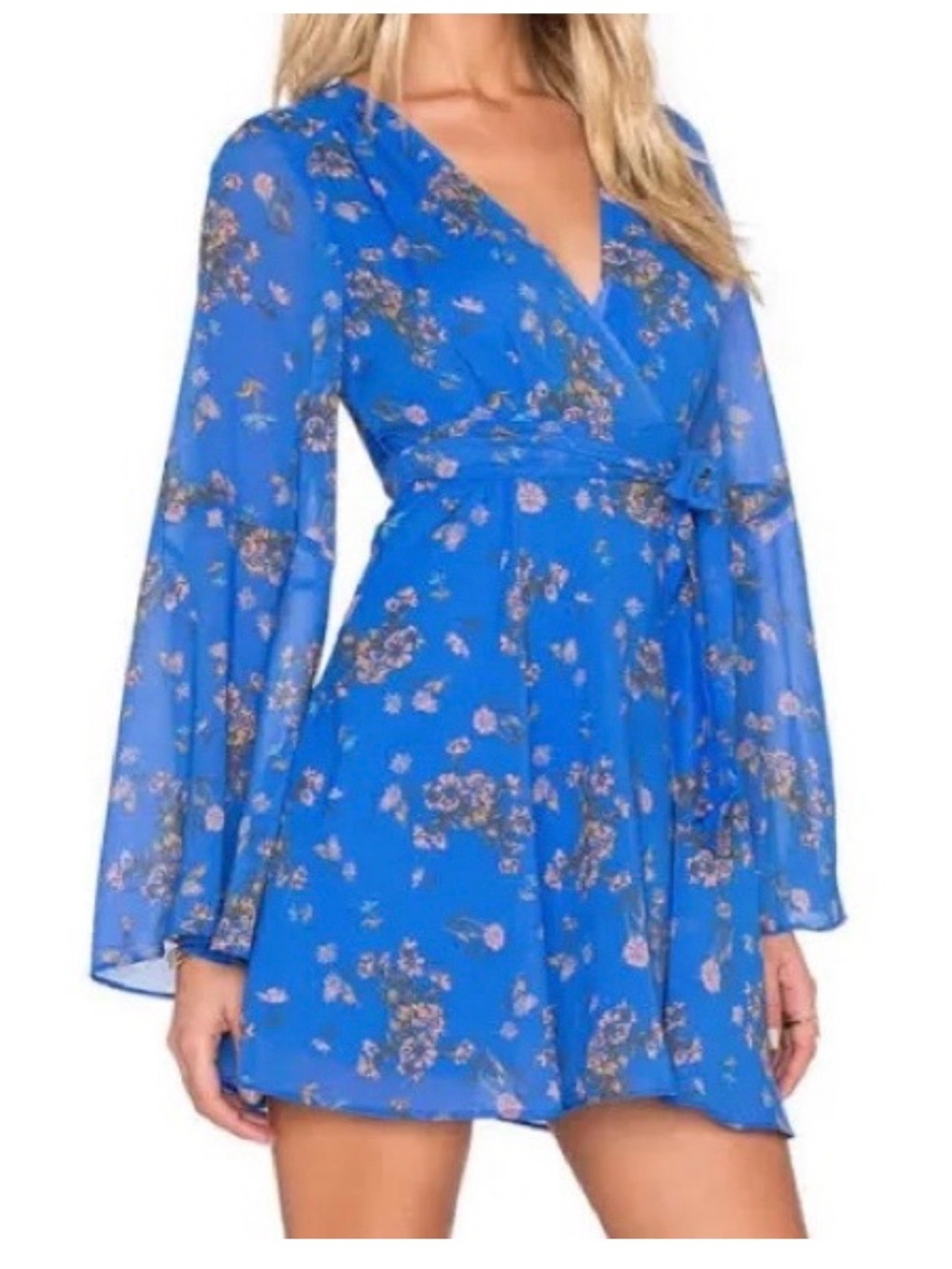 Free People Lilou Chiffon Floral Dress Cobalt Blue XS EUC